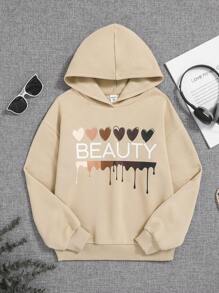 SHEIN Tween Girl Heart & Letter Graphic Hooded Sweatshirt - Apricot - View 1