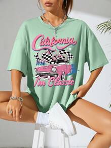 SHEIN EZwear Camiseta de hombros caídos con estampado de coche y letra - Verde - Ver 6