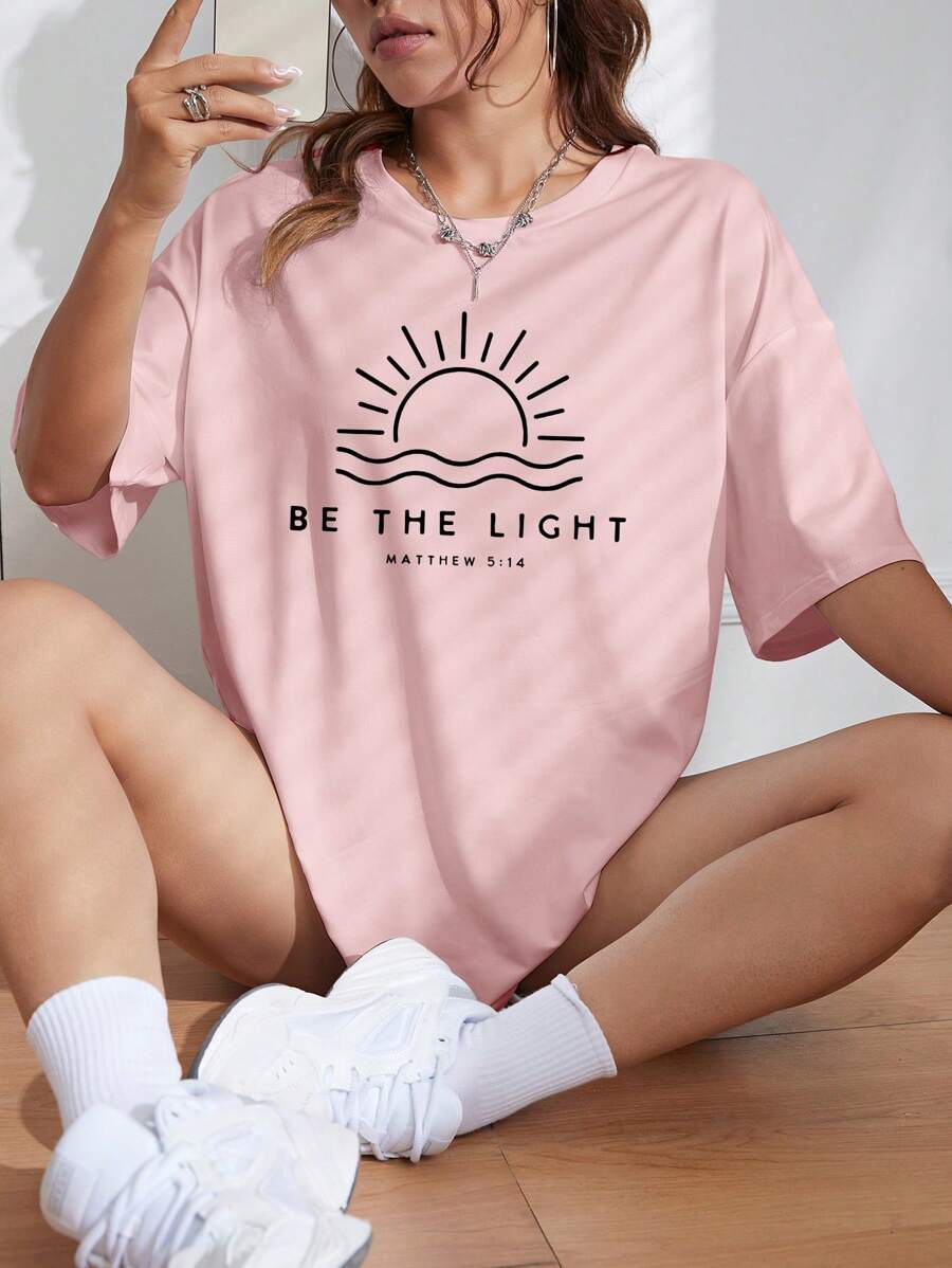 INAWLY Sun & Slogan Graphic Drop Shoulder Tee BE THE LIGHT MATTHEW 5:14 Graphic Tees Women Tops - Baby Pink - View 1