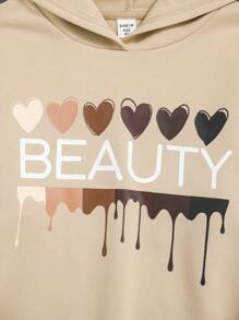 SHEIN Tween Girl Heart & Letter Graphic Hooded Sweatshirt - Apricot - View 4