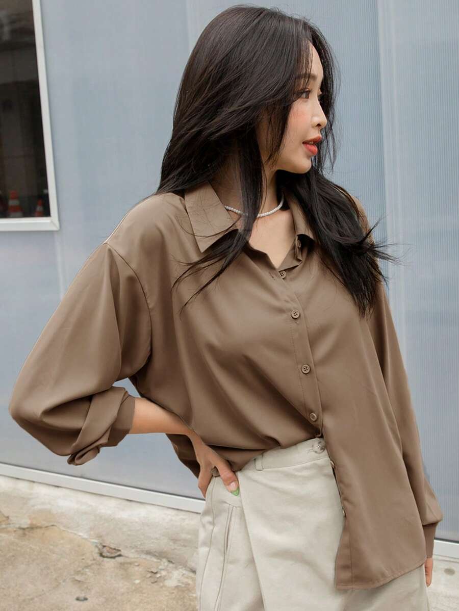 DAZY Solid Button Front Drop Shoulder Shirt,Fall Women Clothes Long Sleeve Top