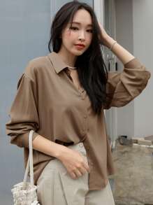 DAZY Solid Button Front Drop Shoulder Shirt,Fall Women Clothes Long Sleeve Top