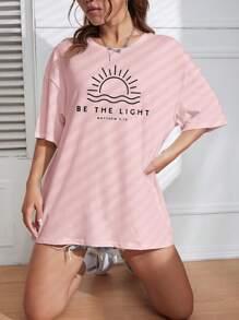 INAWLY Sun & Slogan Graphic Drop Shoulder Tee BE THE LIGHT MATTHEW 5:14 Graphic Tees Women Tops - Baby Pink - View 6