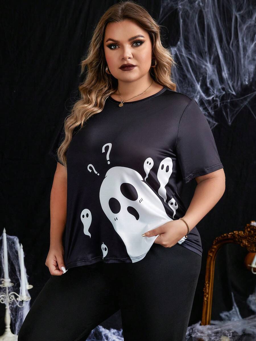 Talla grande Top para dormir fantasma de Halloween con estampado - Blanco y Negro - Ver 1
