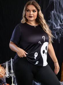 Talla grande Top para dormir fantasma de Halloween con estampado - Blanco y Negro - Ver 4