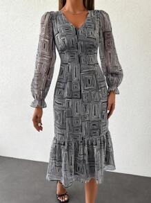 RueChic Allover Print Flare Sleeve Ruffle Hem Dress - Black and White - View 1