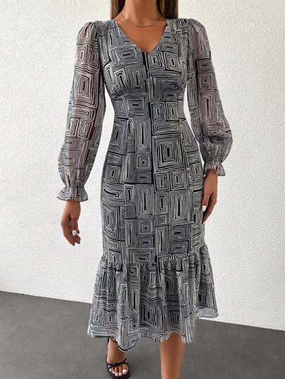 RueChic Allover Print Flare Sleeve Ruffle Hem Dress