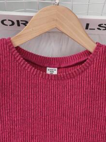 SHEIN Tween Girl College Style Faux Pearl Decor Round Neck Lantern Sleeve Knitted Midi Dress - Hot Pink - View 4