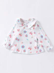 Girls Floral Print Peter Pan Collar Flounce Sleeve Tee