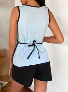 RueChic Cherry Print Contrast Binding Lounge Set - Blue - View 2