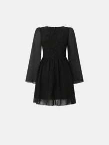 SHEIN Unity Contrast Mesh Sweetheart Neck Trumpet Sleeve Dress - Black - View 2