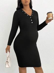 Plussiva 孕婦大碼紐扣細節條紋針織緊身洋裝 - 黑色 - 查看 1