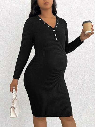 Plussiva 孕婦大碼紐扣細節條紋針織緊身洋裝