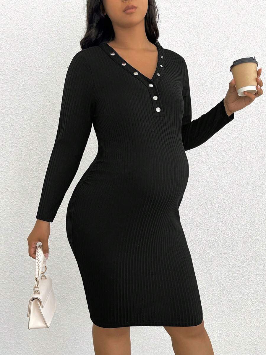 Plussiva 孕婦大碼紐扣細節條紋針織緊身洋裝 - 黑色 - 查看 1