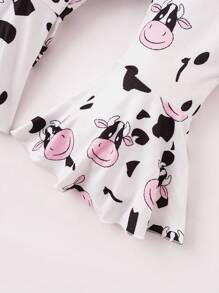 SHEIN 女嬰奶牛&標語圖案荷葉邊連身背心&喇叭褲＆ 頭巾 - 彩色 - 查看 4