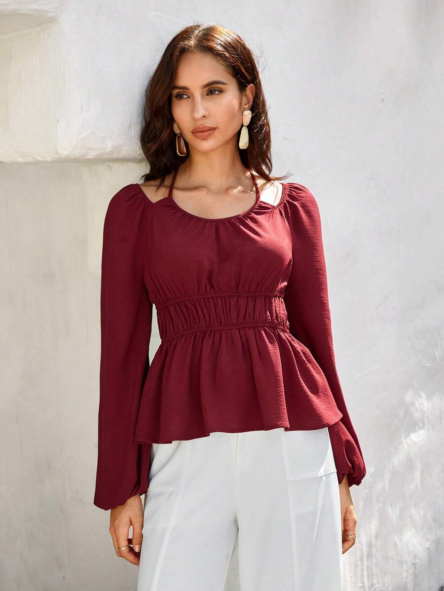 Bohemela Solid Lantern Sleeve Peplum Blouse - Burgundy - View 1