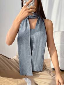 SHEIN EZwear 素色短款抹胸針織上衣帶圍巾 - 灰色 - 查看 4