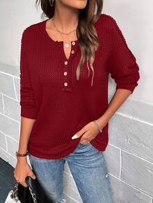 SHEIN LUNE Nút Nửa Dệt kim Waffle Áo thun Thả vai - Màu Đỏ Sâu - Xem 4