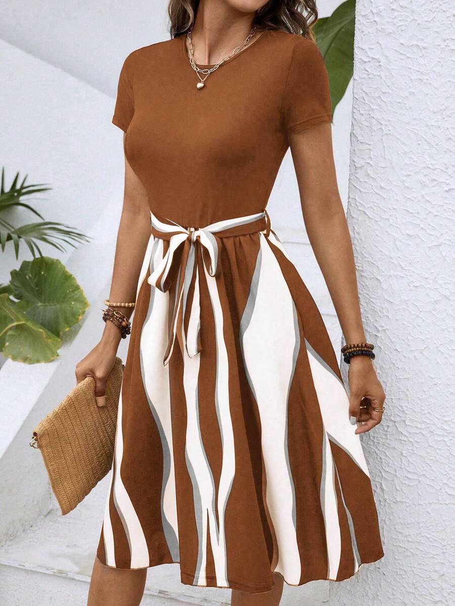 INAWLY Colorblock Belted Dress - Brown - View 1