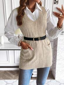 EMERY ROSE Dual Pocket Sweater Vest Without Blouse - Apricot - View 6