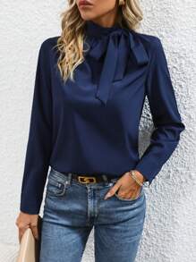 SHEIN Clasi Tie Neck Solid Blouse - Blue - View 5