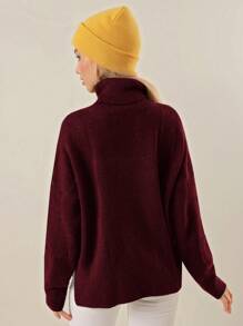 EURMUSE Solid Turtleneck Drop Shoulder Sweater - Burgundy - View 2