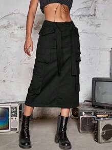 Y2K Flap Pocket Split Back Belted Cargo Skirt - Black - View 1
