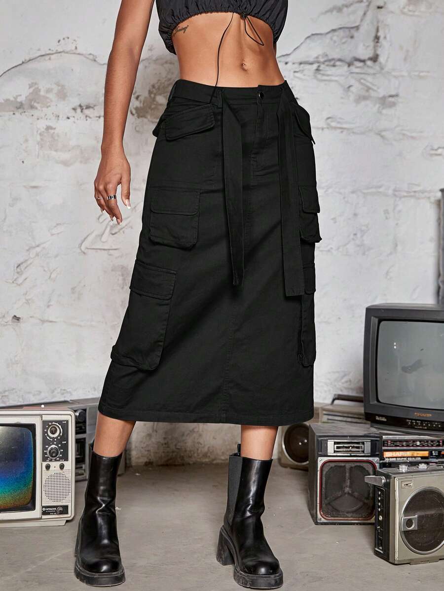 Y2K Flap Pocket Split Back Belted Cargo Skirt - Black - View 1