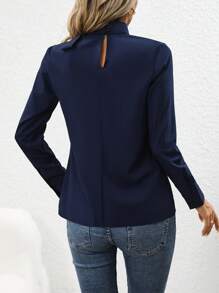 SHEIN Clasi Tie Neck Solid Blouse - Blue - View 2