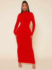 SHEIN SXY 高領素色緊身洋裝 - 紅色 - 查看 4