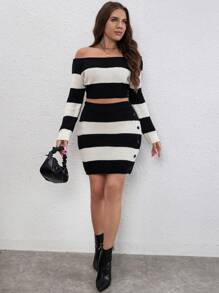 SHEIN LUNE Hơn Hai âm Off Shoulder Áo len Crop & Váy dệt kim - Đen và trắng - Xem 7