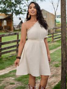 SHEIN VCAY Đầm Plus Size viền lá sen màu trơn Boho - Màu be - Xem 3