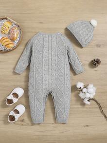 SHEIN 女嬰前紐扣麻花編織連身褲附帽子 - 淺灰色 - 查看 2