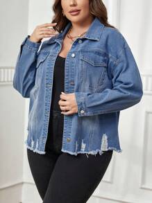 SHEIN Essnce 大碼落肩袖毛邊緣牛仔夾克 - 中等水洗藍 - 查看 4