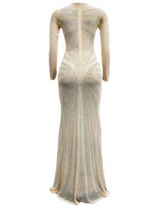 Women's Mesh Sheer Sparkling Rhinestone Long Sleeve Fishtail Floor Slim Fit Maxi Dresses Gowns Festival - Apricot - View 5