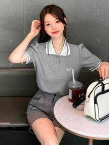 DAZY 拼接領字母刺繡POLO領T恤 - 灰色 - 查看 4