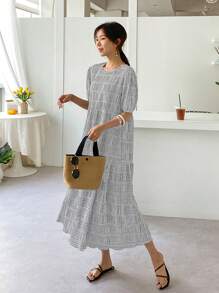 DAZY Gingham Print Puff Sleeve Dress - Grey - View 3