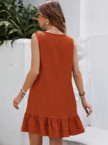 SHEIN VCAY Chất rắn Xù Hoa Sen Đầm - Màu Cam cháy - Xem 2