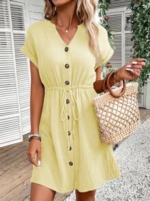 SHEIN LUNE 素色前紐扣腰部抽繩A字洋裝 - 黃色 - 查看 6