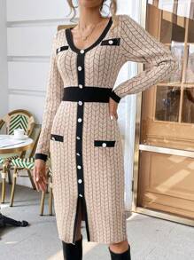 SHEIN Privé Contrast Trim Button Detail Sweater Dress - Multicolor - View 3