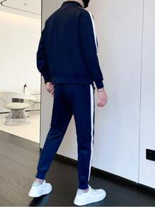 Men Contrast Side Seam Jacket & Sweatpants - Blue - View 2