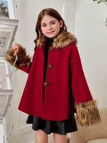 SHEIN Tween Girl Fuzzy Trim Raglan Sleeve Overcoat for Christmas - Burgundy - View 5