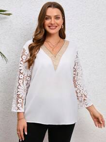 SHEIN Clasi 大碼拼接水溶蕾絲V領襯衫 - 白色 - 查看 5