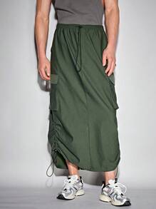 Manfinity RebelGame 男士側翻蓋口袋抽繩下擺工裝裙 - 軍綠色 - 查看 1