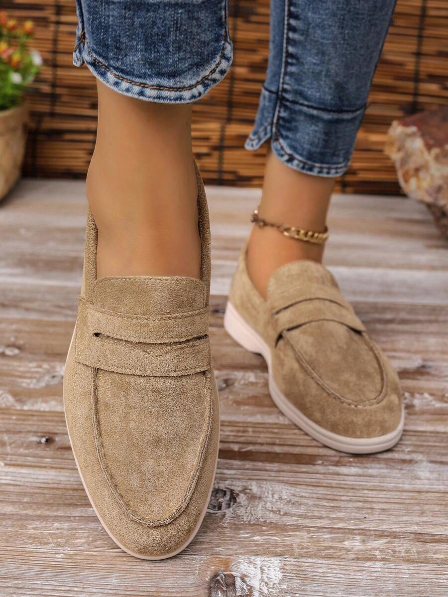2025 Autumn Women's Slip-On Loafers With Buckle Strap Decoration, Beige Flat Shoes - Khaki - View 1