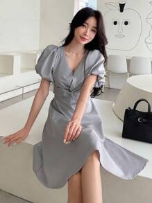 DAZY Vestido de tirantes con manga abullonada y detalle de lazo delantero