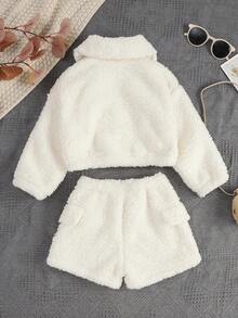 SHEIN 女小童拉鏈開襟毛絨夾克&字母補丁細節短褲 - 白色 - 查看 2