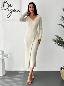 EURMUSE Solid Ribbed Knit Wrap Hem Sweater Dress - Beige - View 5