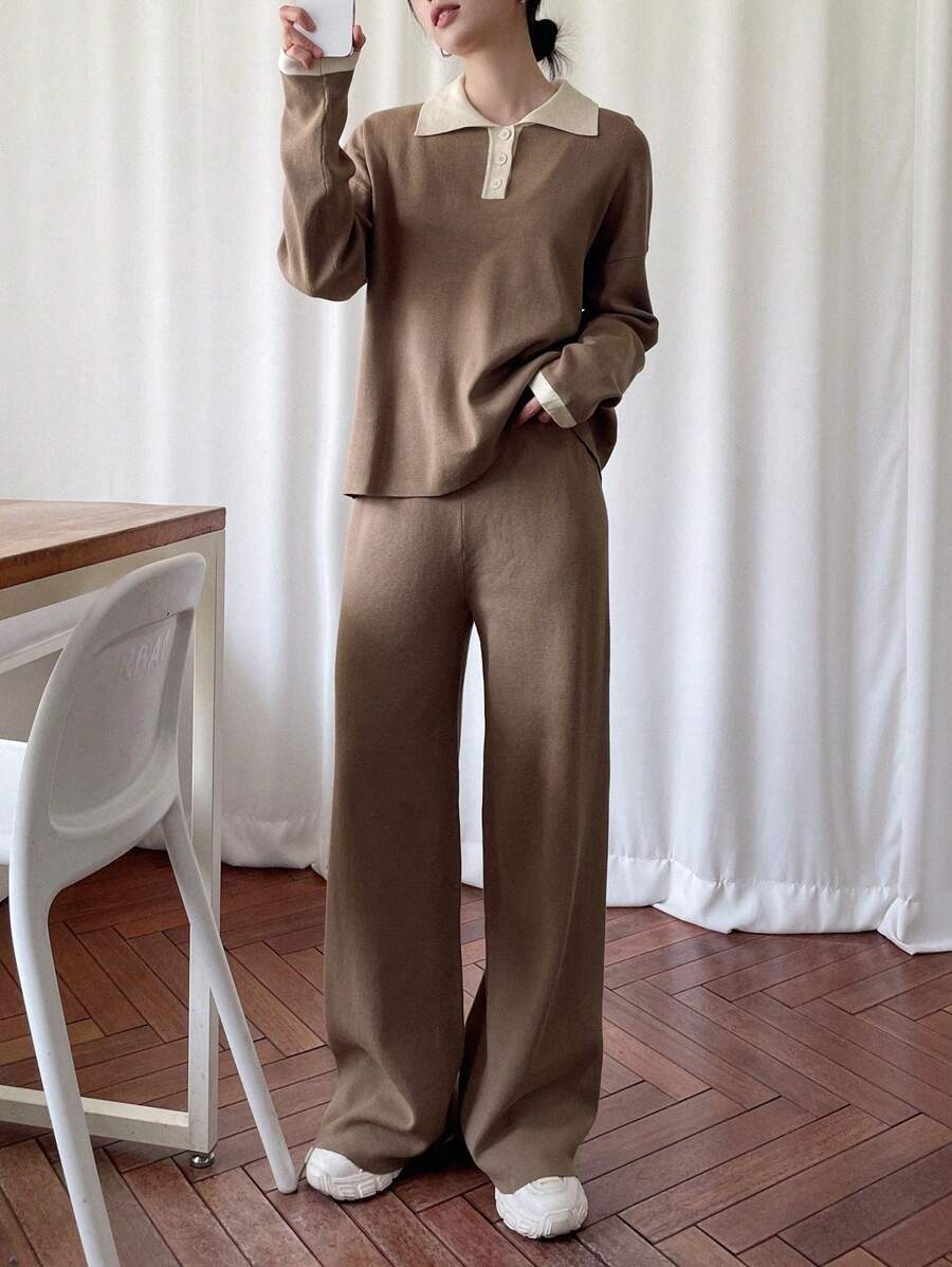 DAZY Contrast Polo Neck Drop Shoulder Sweater & Knit Pants Fall - Khaki - View 1