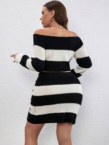 SHEIN LUNE Hơn Hai âm Off Shoulder Áo len Crop & Váy dệt kim - Đen và trắng - Xem 2